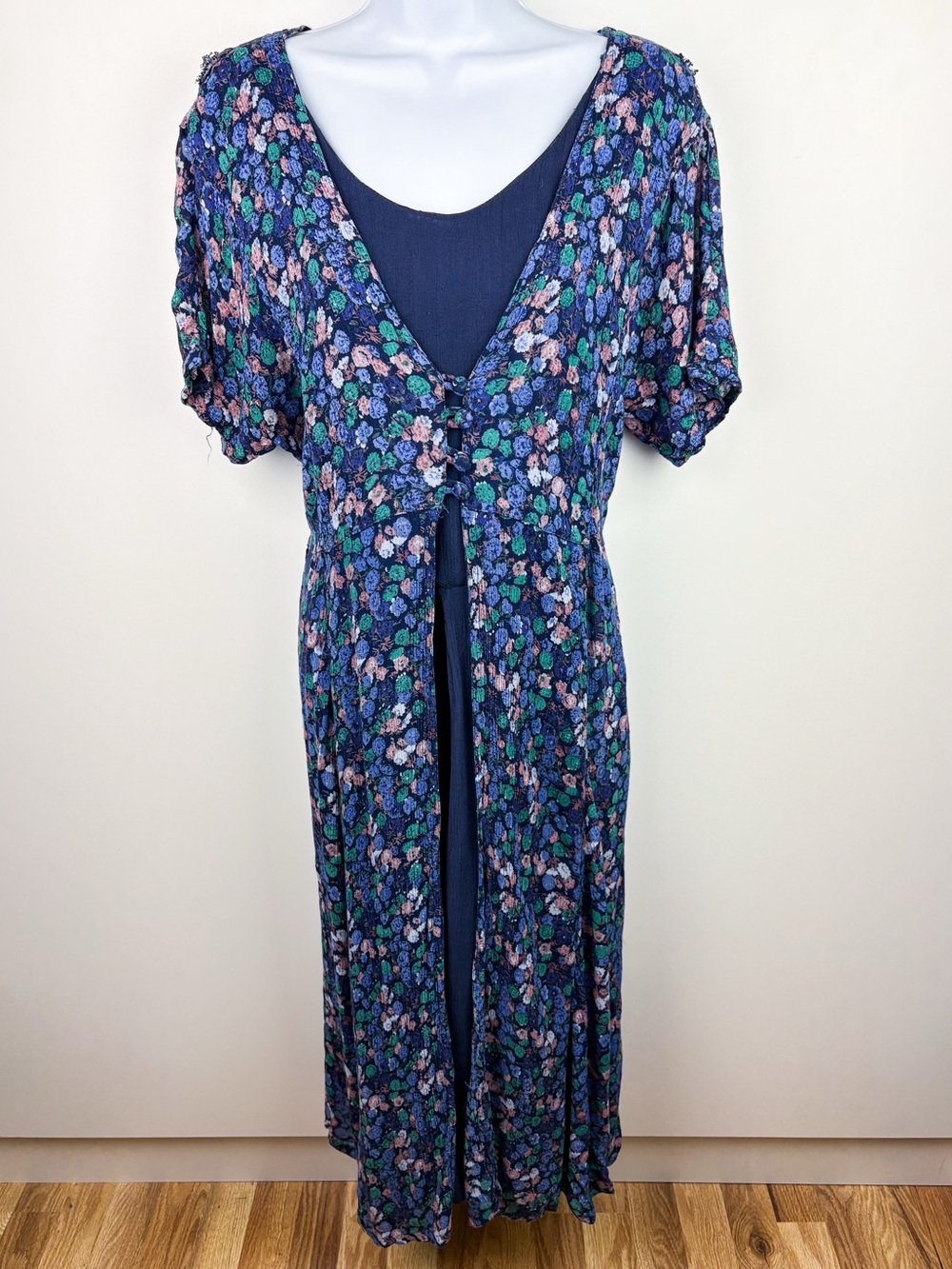 Vintage Cottagecore Floral Double Layer Maxi Dress Cotton Rayon Blue Coquette